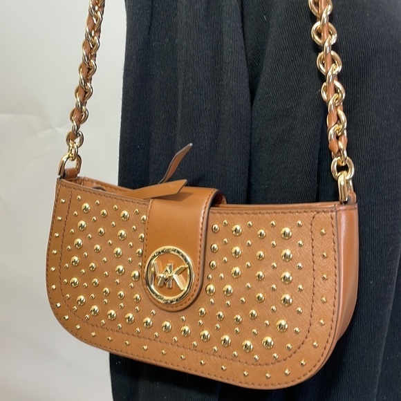 Michael Kors Carmen leather studded shoulder bag pouchette chain strap luggage - Picture 3 of 10